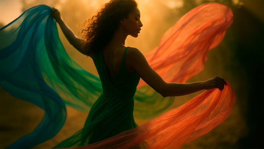 Woman draped in flowing green and orange fabric, evoking Brazilian colour and movement